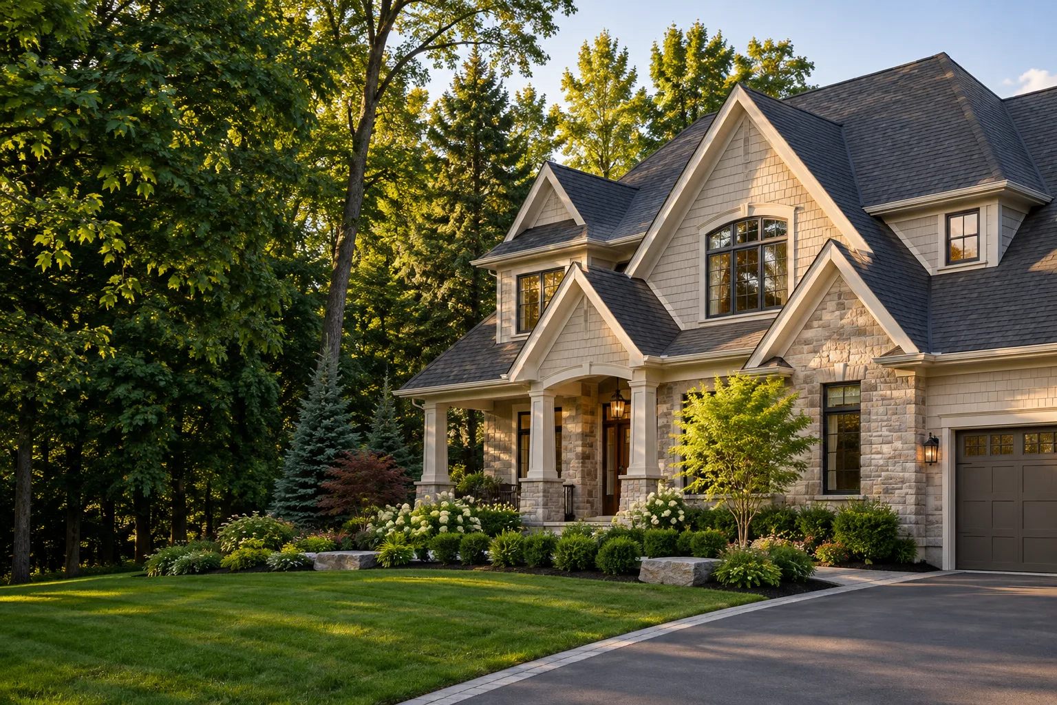 Beautiful home with a pitched roof, surrounded by trees